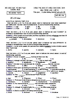 Đề kiểm tra học kỳ I môn Tiếng Anh Lớp 10 - Mã đề 516 - Năm học 2018-2019 - Sở giáo dục và đào tạo Quảng Nam